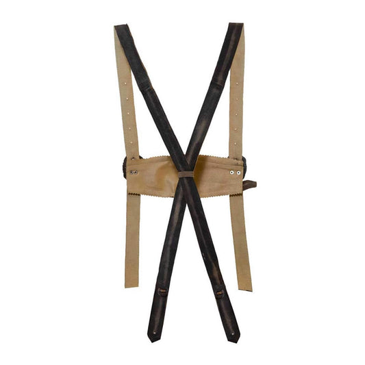 Pair of black suspenders with beige leather straps on a white background
