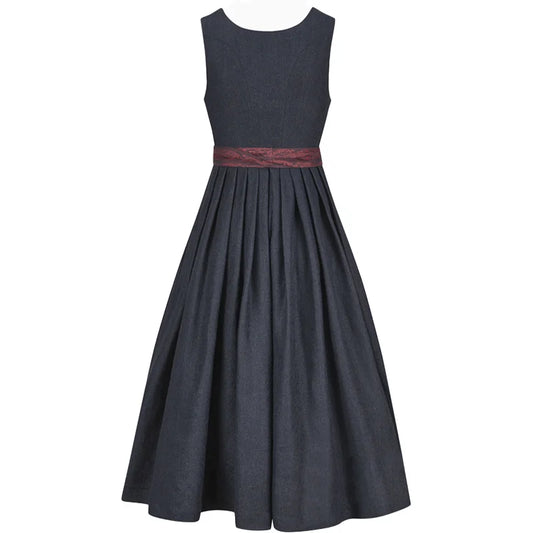 Dark gray dress with a red belt on a white background