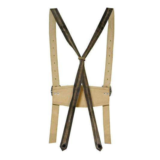 Beige suspenders with brown leather straps on a white background