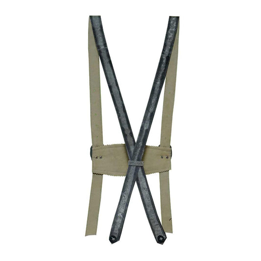Beige suspenders with black metal clips on a white background