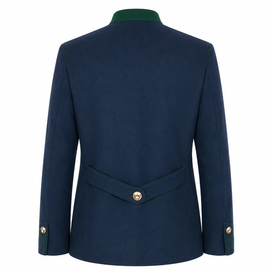 The back view of a navy blue blazer with dark green piping and collar, featuring a single gold button on the waist and sleeve cuffs, set against a plain white background.