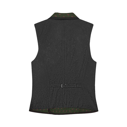 Black vest with intricate pattern on a white background