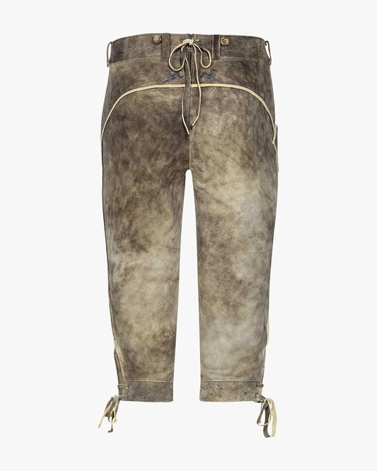 Brown leather pants with drawstring on a white background
