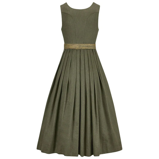 Green dress with a belt on a white background