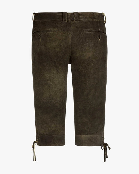 Dark brown suede pants with drawstring details on a white background