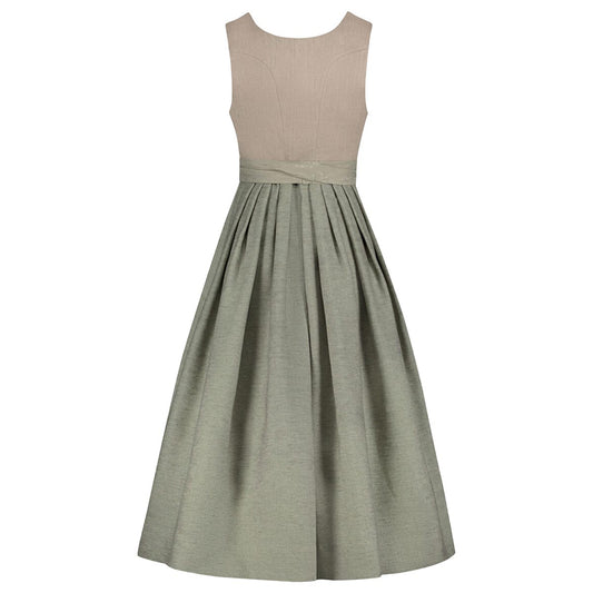 Two-tone dress with beige top and green skirt on a white background