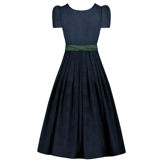Navy blue dress with a green belt on a white background
