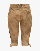 Brown leather pants with drawstring waist on a white background