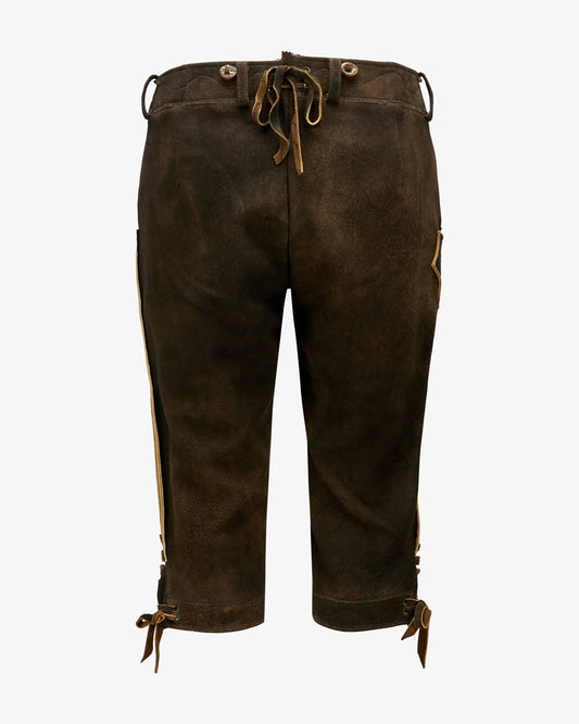 Brown leather pants with drawstrings on a white background