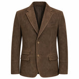 A brown suede blazer jacket with notch lapels, two front buttons, and flap pockets, shown on a plain white background.