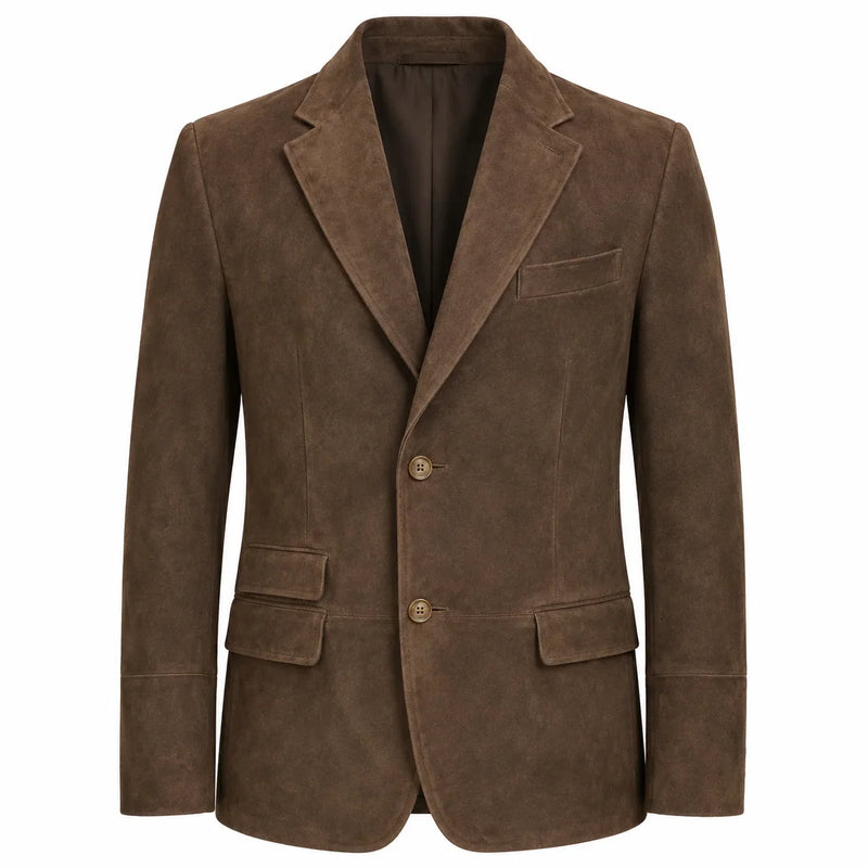 A brown suede blazer jacket with notch lapels, two front buttons, and flap pockets, shown on a plain white background.