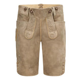 Brown leather shorts with decorative stitching on a white background