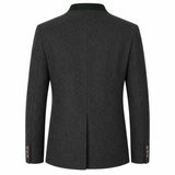 A dark charcoal gray textured wool blazer shown from the back, featuring a subtle green inner collar and three decorative buttons on each cuff, set against a plain white background.