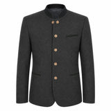 A dark gray textured wool jacket with a mandarin collar and gold-tone buttons, displayed on a clean white background.