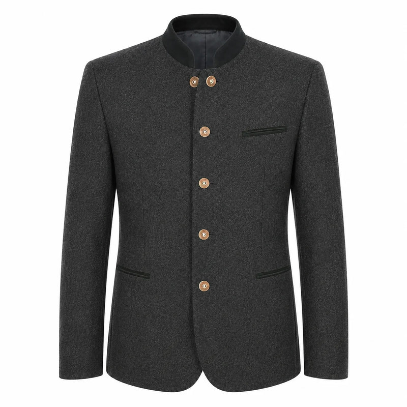 A dark gray textured wool jacket with a mandarin collar and gold-tone buttons, displayed on a clean white background.
