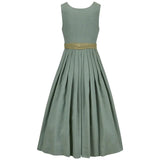 Green dress with a gold belt on a white background